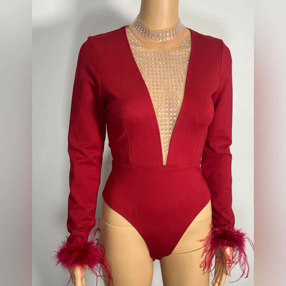 Red Rhinestones Feathers Bodysuit